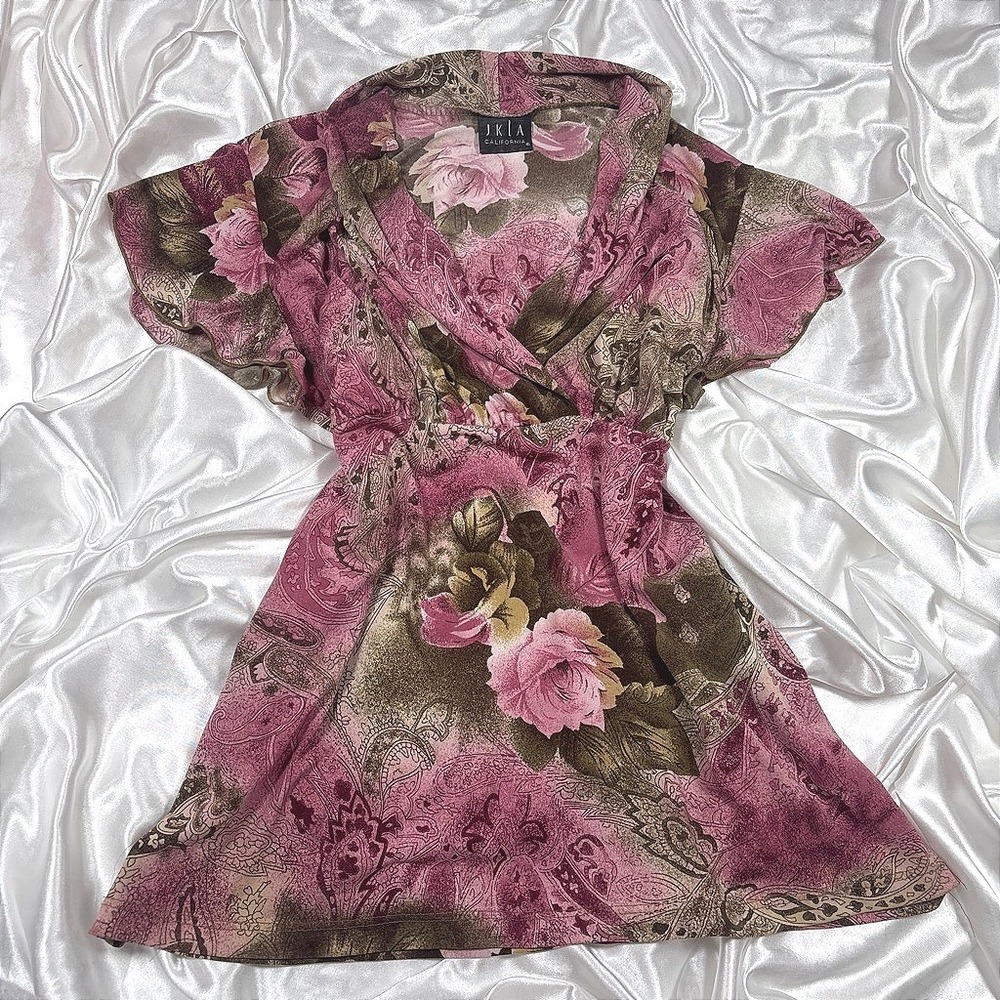 y2k Blouse Pink Excellent JKLA California Floral Paisley Flutter Sleeve Top
